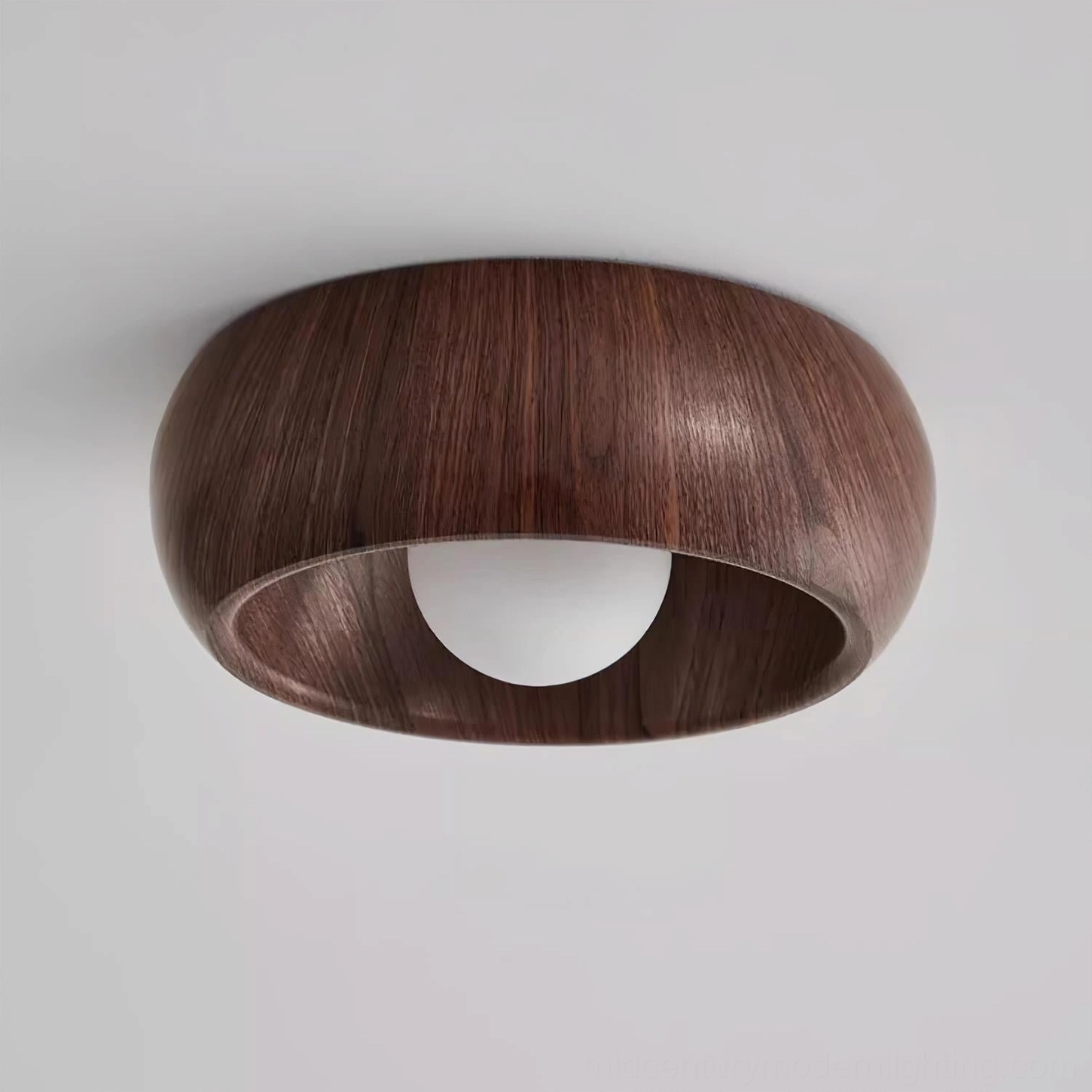 Close-up side view of Alana wooden ceiling light showing natural wood grain texture and integrated LED