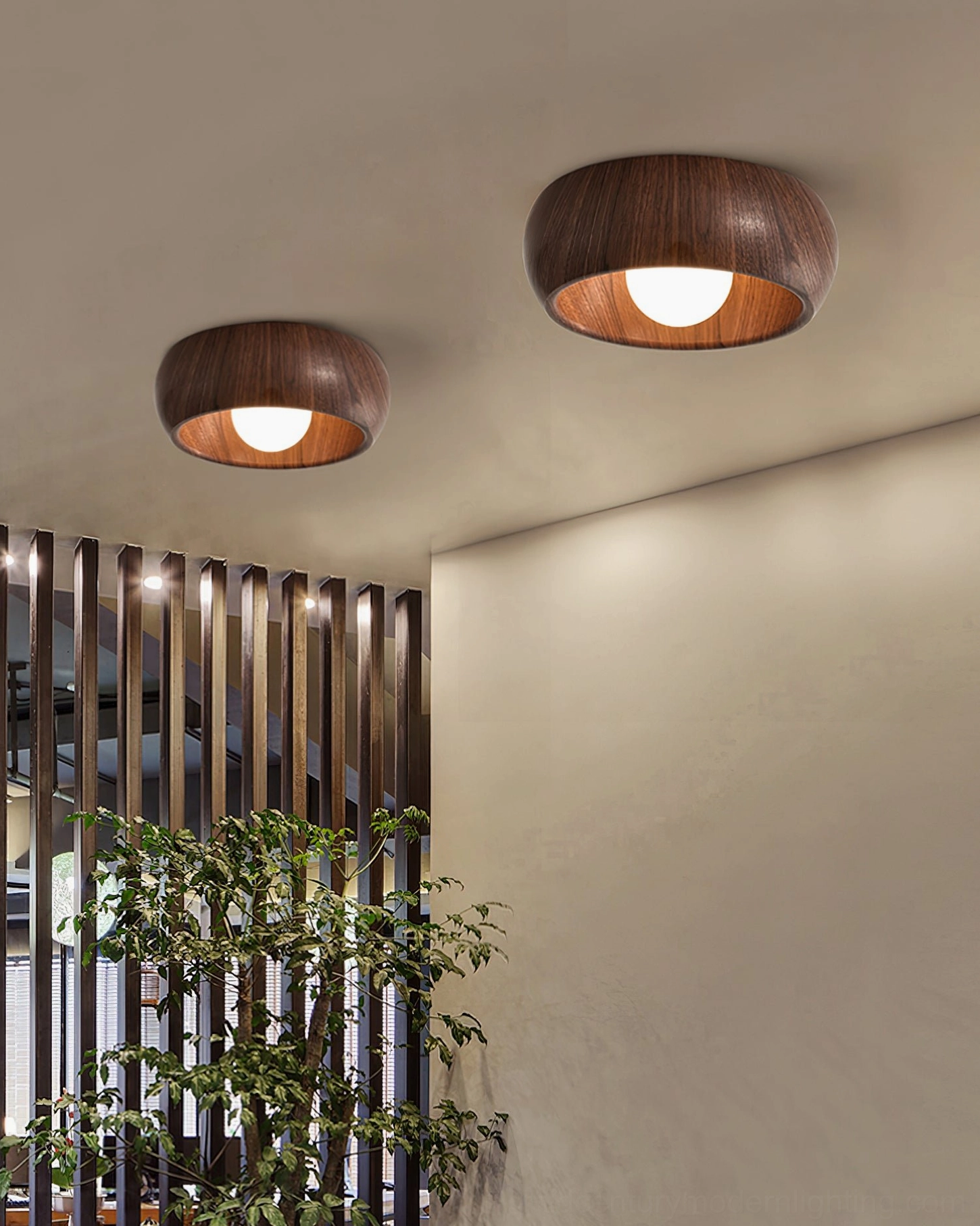 Alana wooden ceiling lamp in rustic minimalist entryway with wooden slat partition and plant decor