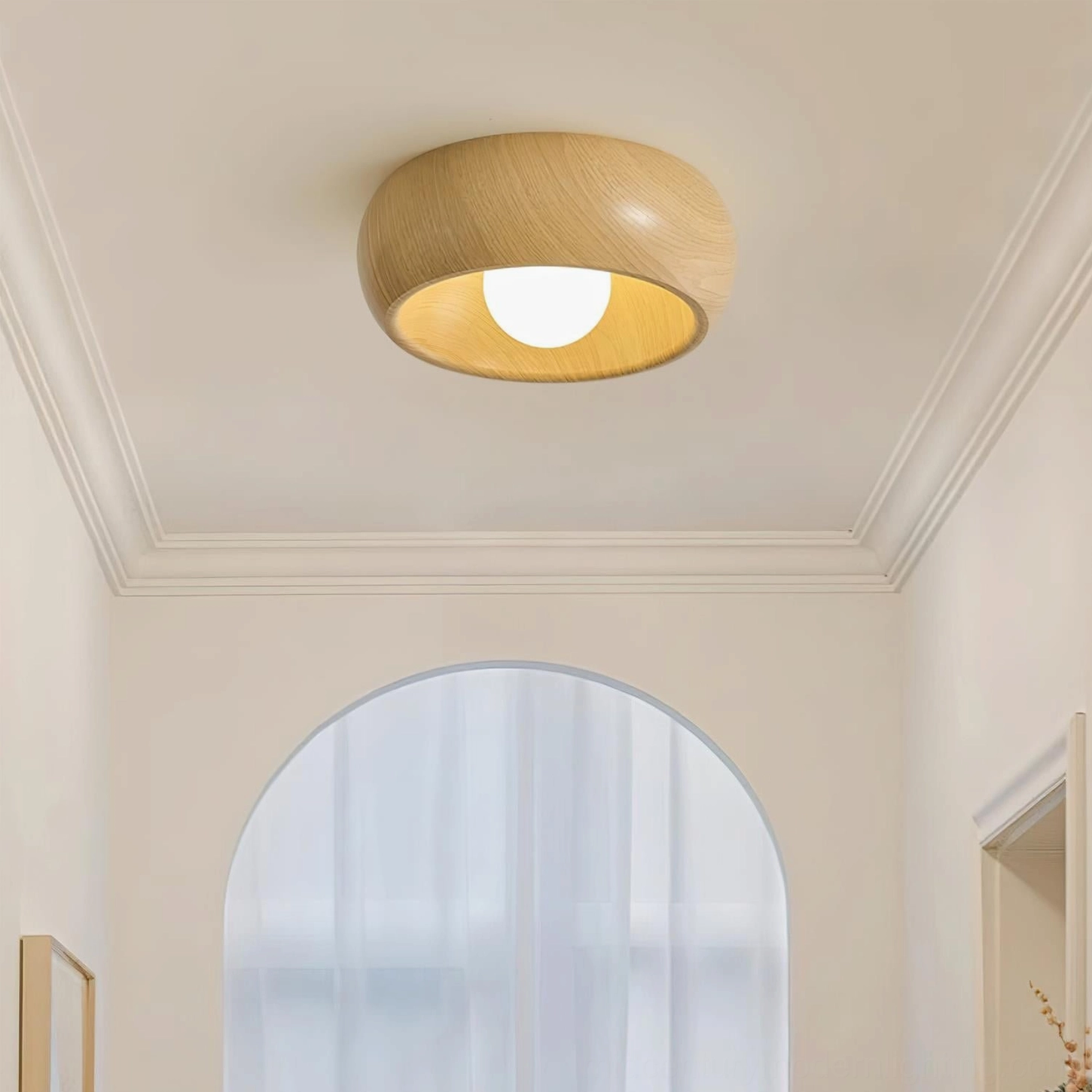 Alana Scandinavian wood ceiling light fixture with integrated LED, detail view of wood frame