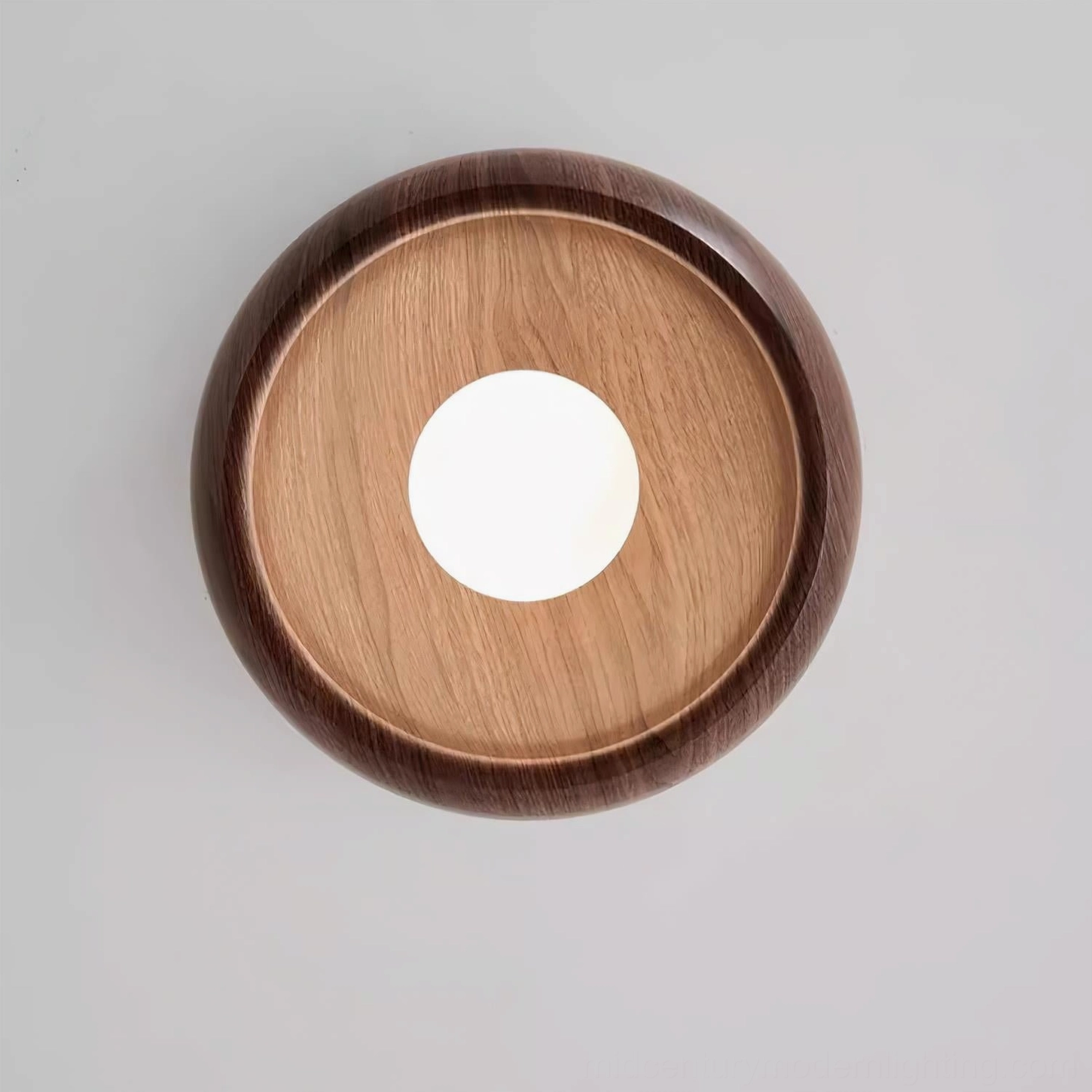 Two-tone wood Alana ceiling light fixture, direct overhead front view showing frosted glass diffuser