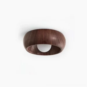 Alana wood ceiling light flush mount with dark walnut finish, overhead view on white background