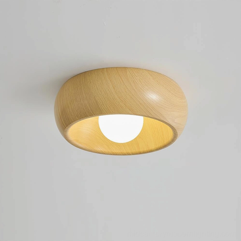 Alana wood and white ceiling light flush mount, warm dimming version for bedroom and living spaces