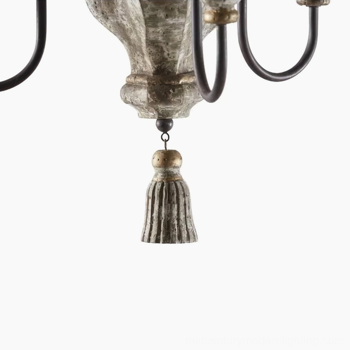 Close-up detail of Alayna pendant showing weathered wood base, black metal arms, and fabric tassel decor