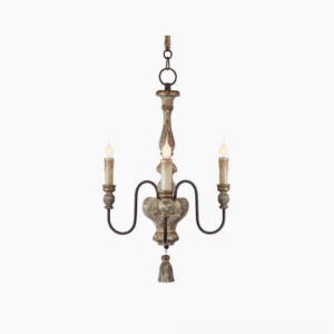 Alayna vintage pendant chandelier with three black metal distressed arms and wooden spindle base, front studio view