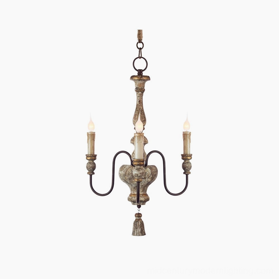 Alayna vintage pendant chandelier with three black metal distressed arms and wooden spindle base, front studio view