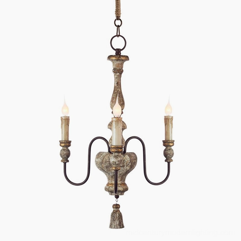 Alayna three-arm vintage chandelier with distressed black and old gold finish, complete front view