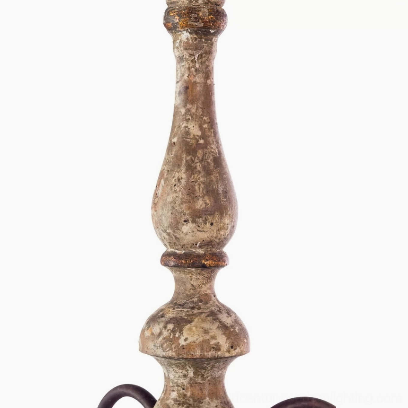 Alayna pendant central stem side view showcasing turned spindle design and heavily distressed paint finish