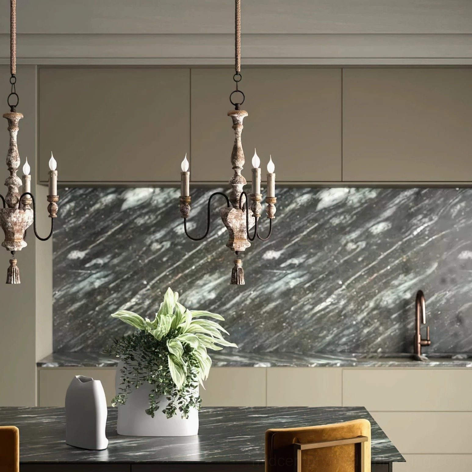 Alayna distressed pendant chandelier installed in modern kitchen dining area with vintage rustic interior styling