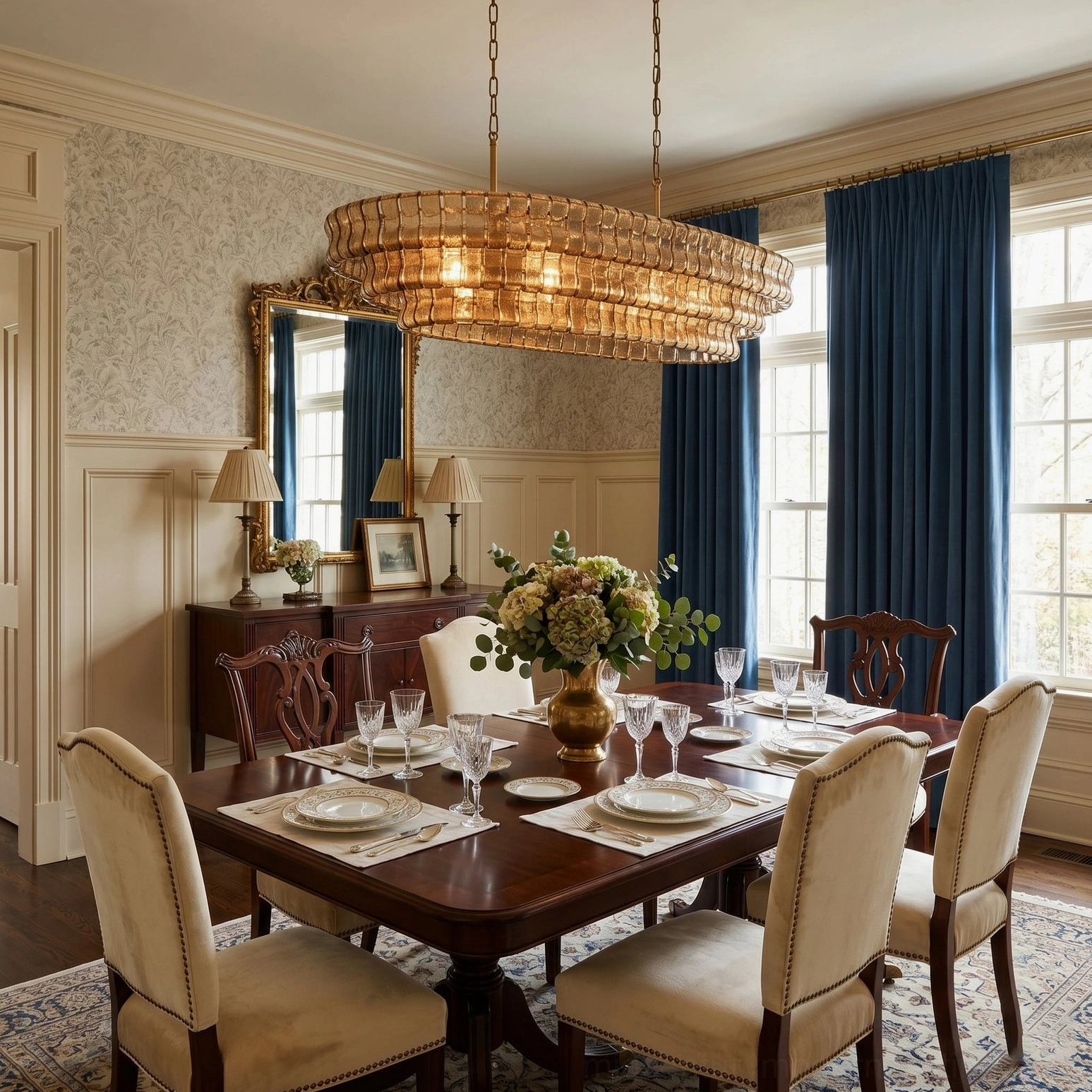 Albano amber glass chandelier above dining table with blue curtains, mid-century modern brutalist lighting in traditional elegant space