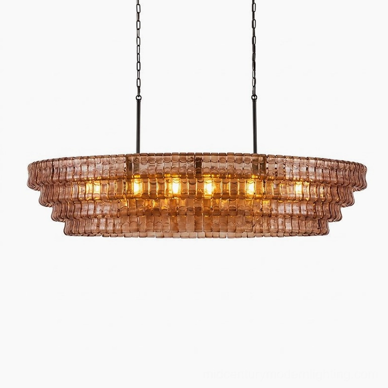 Albano tiered glass chandelier amber and black configuration, dramatic retro-modern contrast