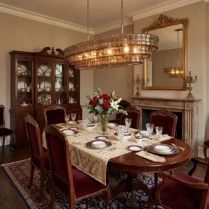 Albano oval tiered glass chandelier in warm amber tone installed above formal dining room table, mid-century modern lighting in luxury interior