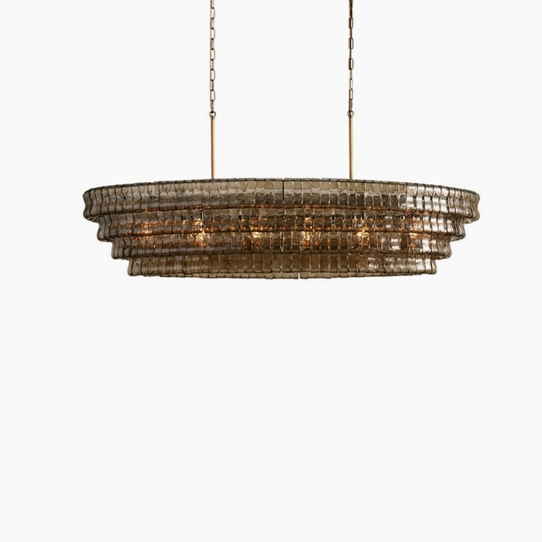 Albano chandelier contemporary luxury pairing, clear glass in modern steel and leather aesthetic