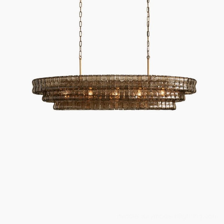 Albano tiered glass chandelier geometric precision, metal frame engineering and glass louver assembly