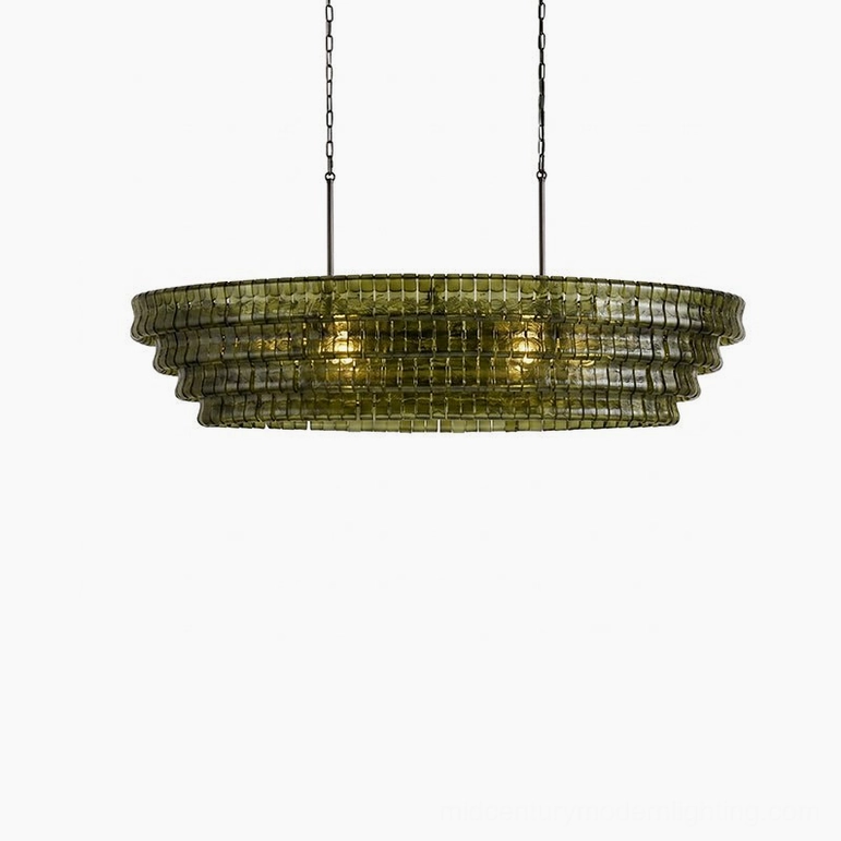 Albano tiered glass chandelier geometric architecture detail, kiln-fired art glass structure on metal frame