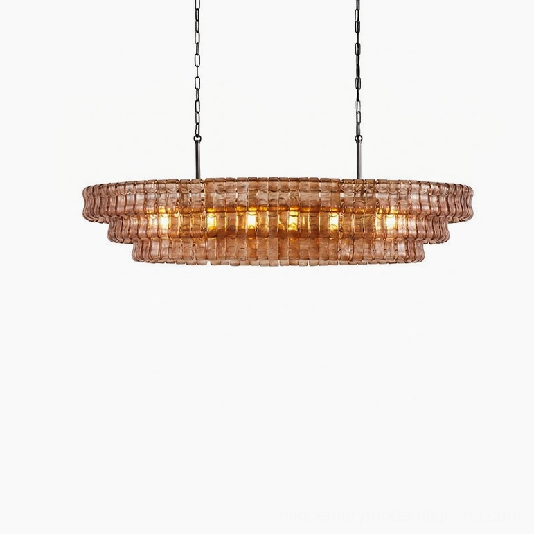 Albano glass chandelier showing multiple glass finishes side-by-side comparison, amber clear green smoke grey options