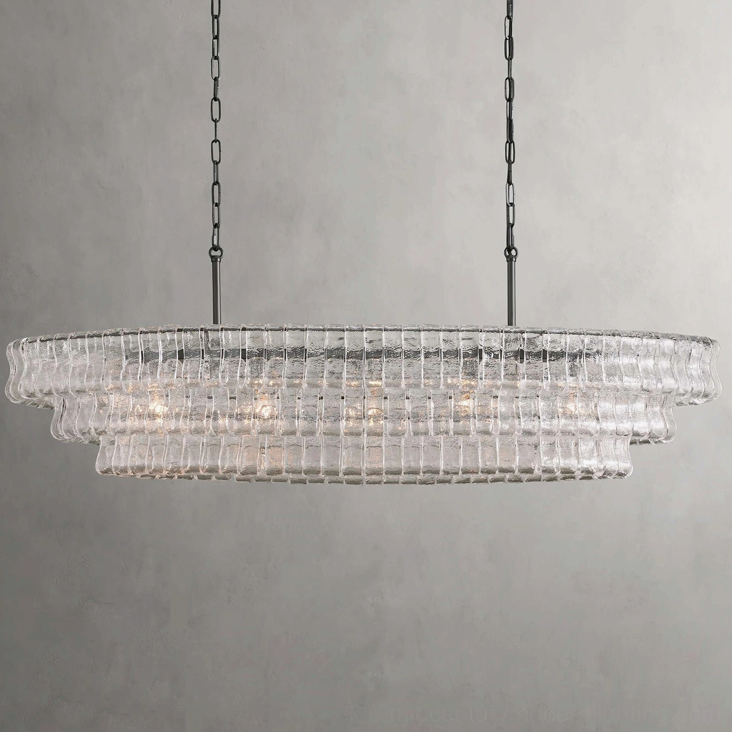 Albano oval tiered glass chandelier detail shot, hand-assembled art glass louvers on metal frame