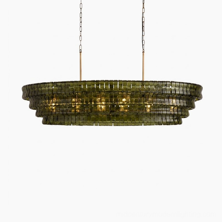 Albano chandelier gold finish option, warm metalwork with tiered glass louvers for retro-modern aesthetic