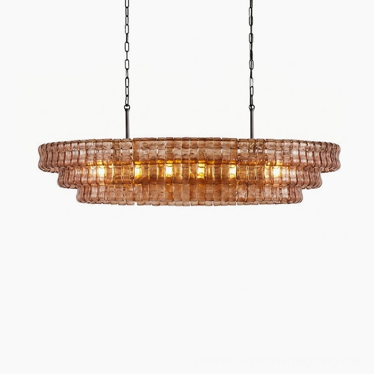 Albano glass chandelier installation above kitchen island, mid-century brutalist lighting in luxury hospitality space
