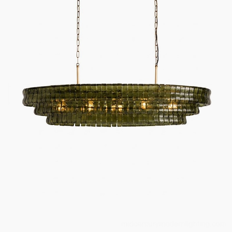 Albano tiered glass chandelier kinetic light play, refraction through hand-crafted art glass louvers