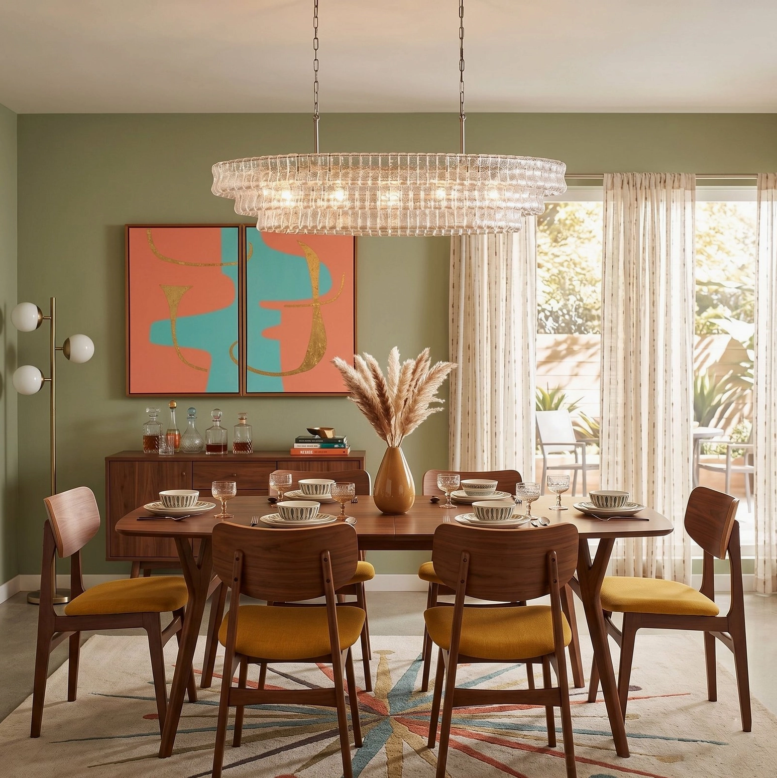 Albano tiered glass chandelier installed above casual modern dining space with light green accent wall, contemporary mid-century lighting