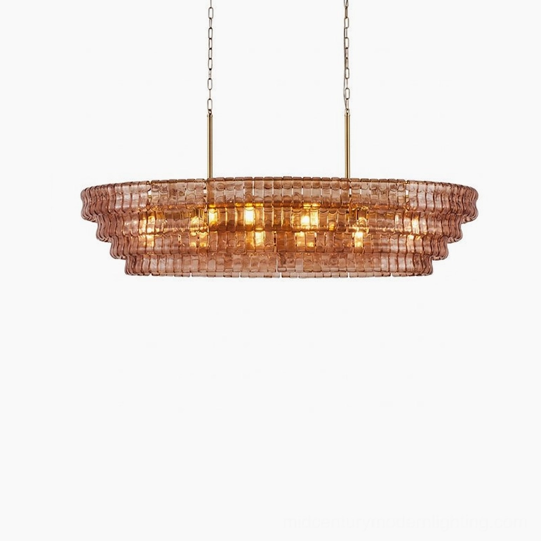 Albano glass chandelier overhead perspective, showcasing scalable tiered louver arrangement for mid-century modern interiors