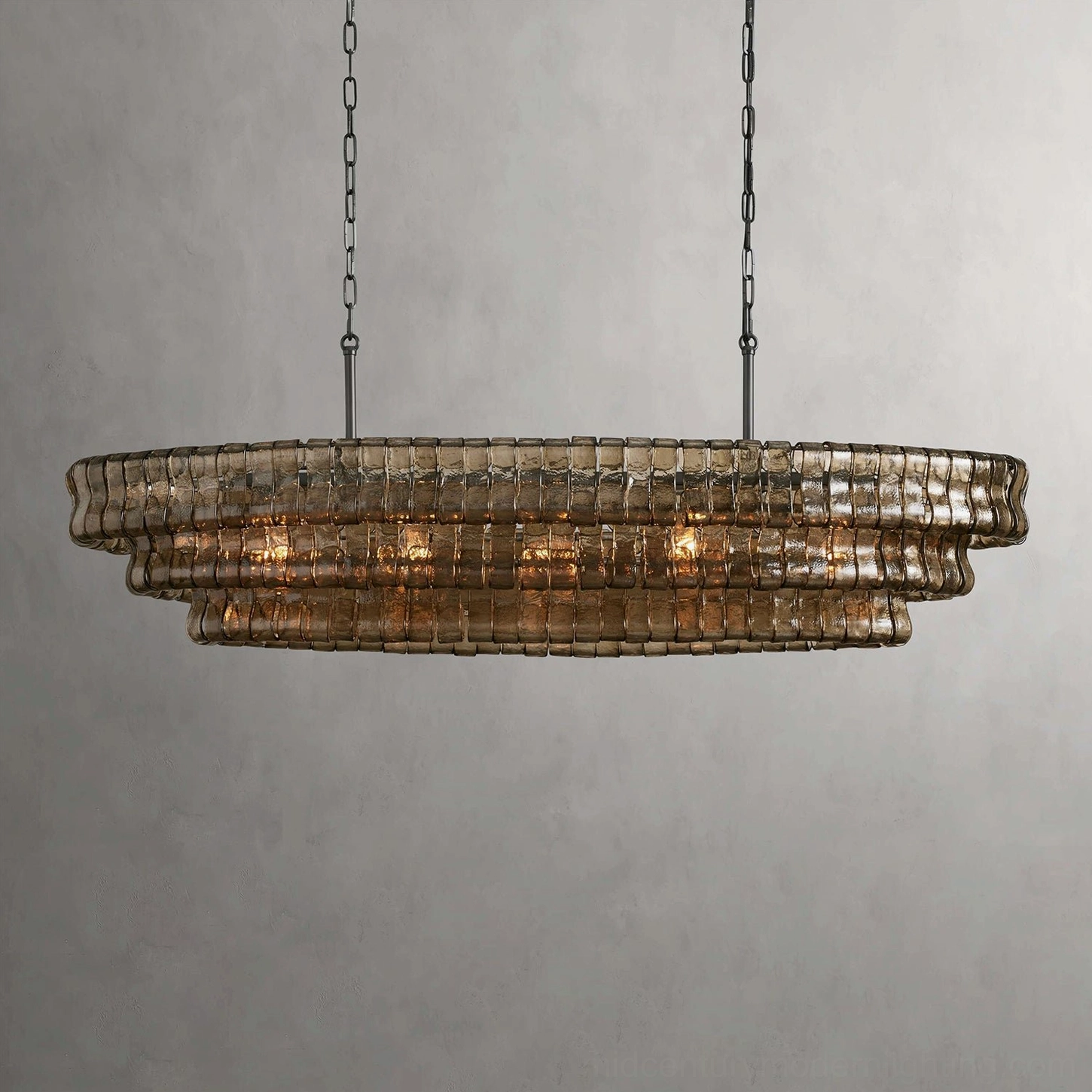 Albano tiered glass chandelier side profile view, showcasing sculptural layered design and brutalist architecture-inspired form