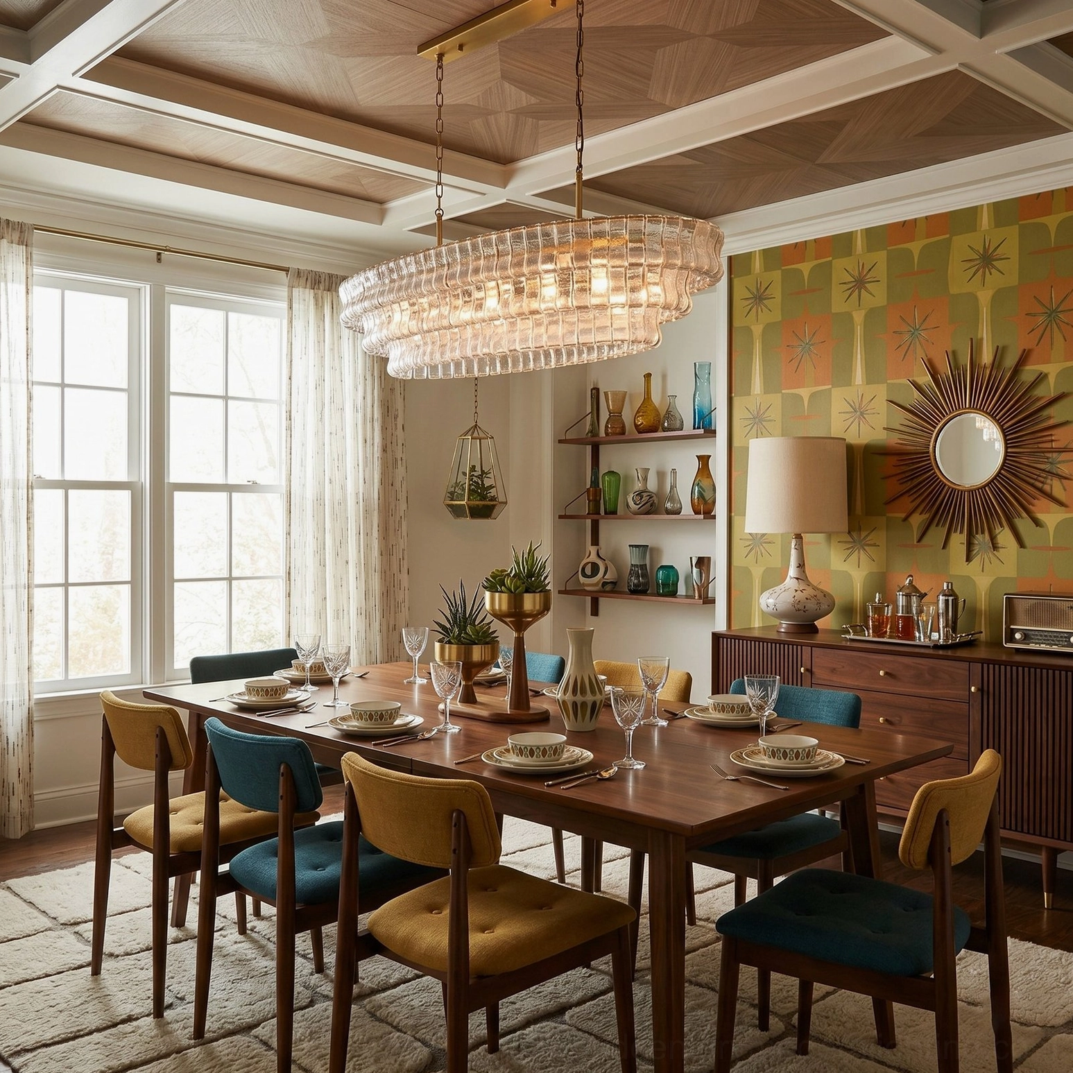 Albano clear glass chandelier in eclectic vintage dining room with mixed chairs and bold accent wall, mid-century design showcase