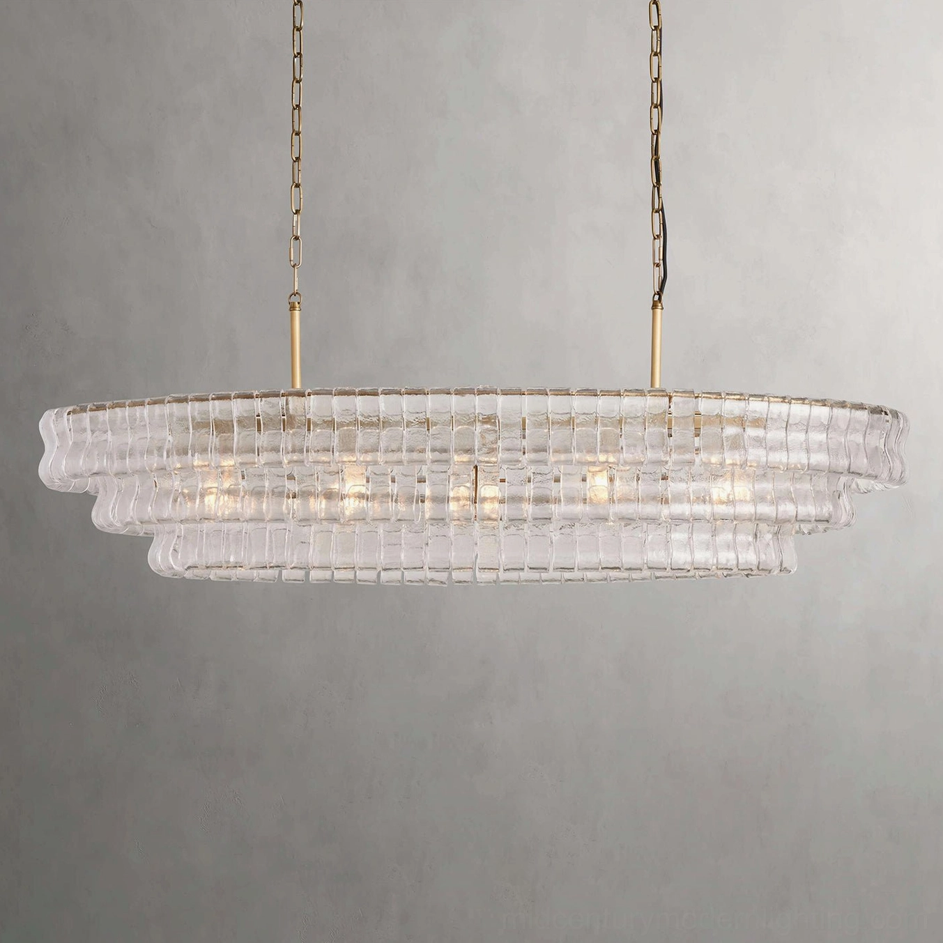 Albano clear tiered glass chandelier, flat product view highlighting sleek modern luxury crystal design and geometric precision