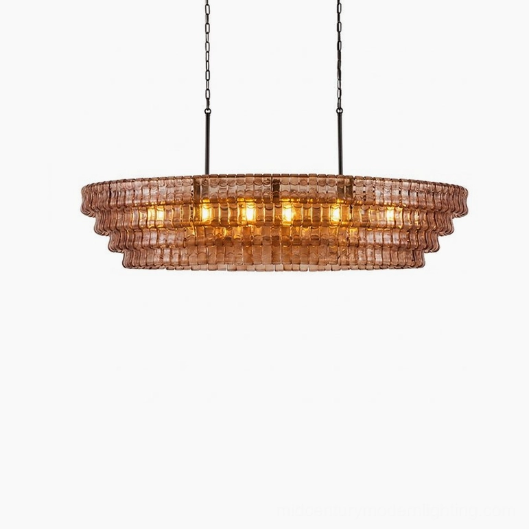 Albano chandelier in clear glass finish, studio photography highlighting luminous transparency and hand-assembled precision