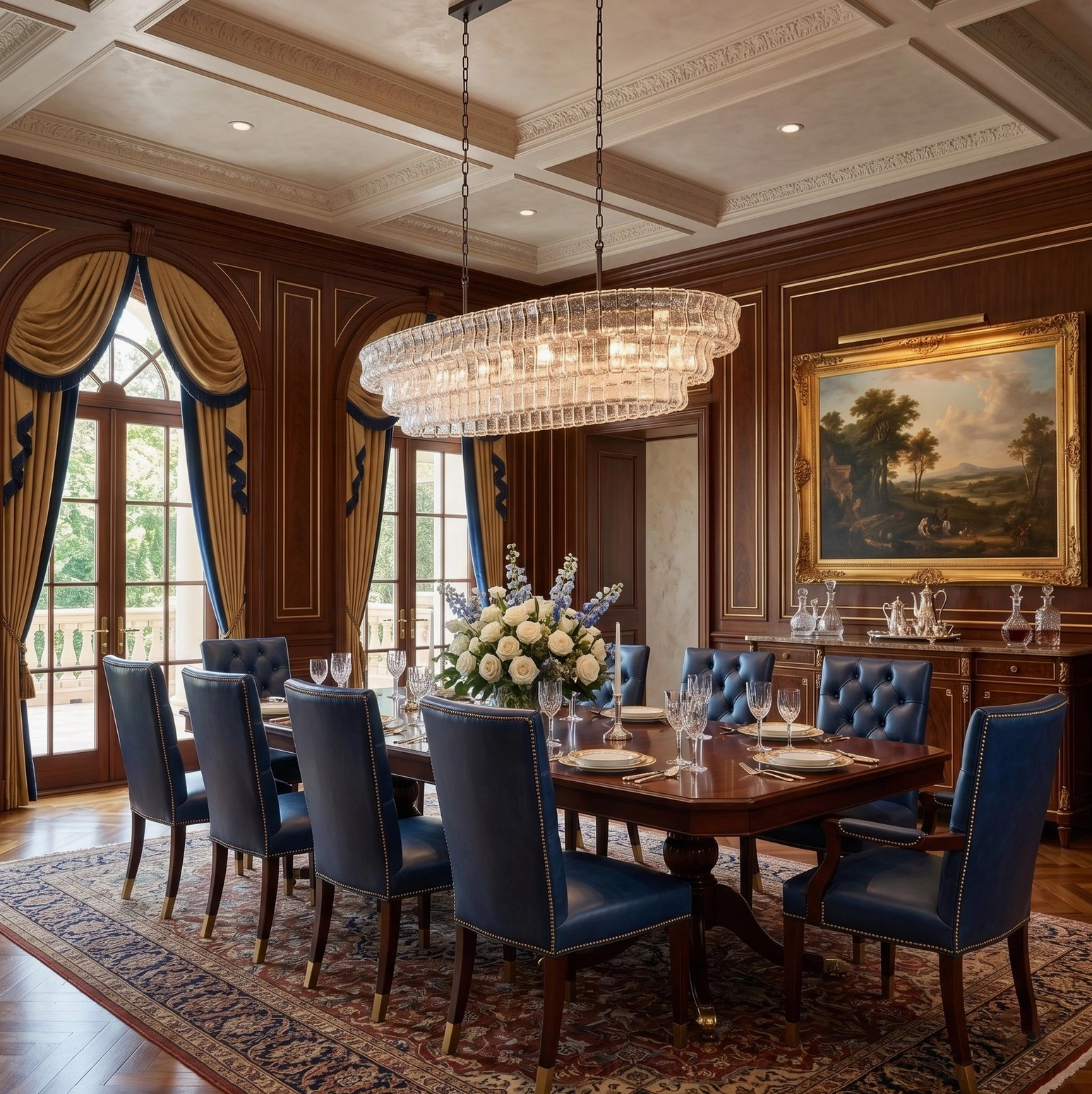 Albano clear glass tiered chandelier hanging in wood-paneled luxury dining room, overhead view showing geometric glass louver cascade