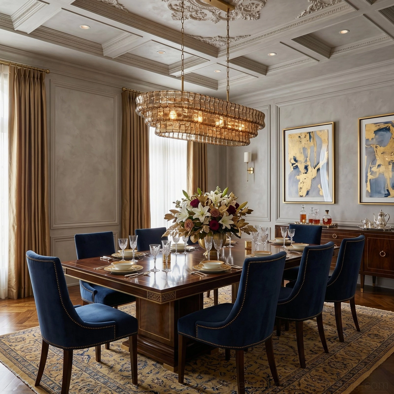 Albano tiered glass chandelier over dark wood dining table with blue velvet chairs, modern classic mid-century setup