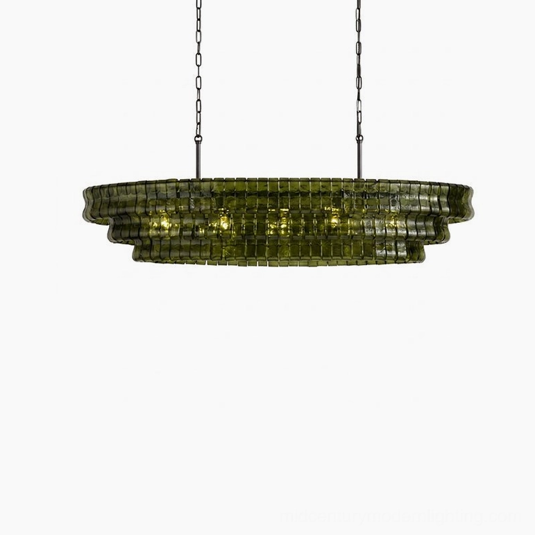 Albano tiered glass chandelier full product profile, hand-assembled mid-century modern brutalist lighting fixture
