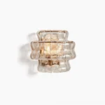 Albano mid-century modern wall sconce with ribbed glass and metal banding, front view close-up