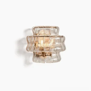 Albano mid-century modern wall sconce with ribbed glass and metal banding, front view close-up