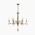 Alda 6-head vintage wooden chandelier with distressed grey finish and gold accents, front studio view