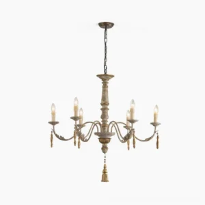 Alda 6-head vintage wooden chandelier with distressed grey finish and gold accents, front studio view