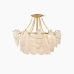 Alessia frosted glass petal chandelier with brass gold frame frontal overhead studio view