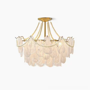 Alessia frosted glass petal chandelier with brass gold frame frontal overhead studio view