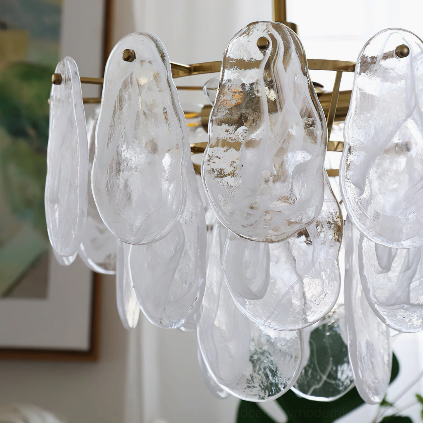 Alessia Glass Chandelier close-up unlit, clear textured glass petals, brass frame architectural detail