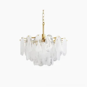 Alessia Glass Chandelier front view with cascading hand-textured glass petals and brass frame, studio lighting