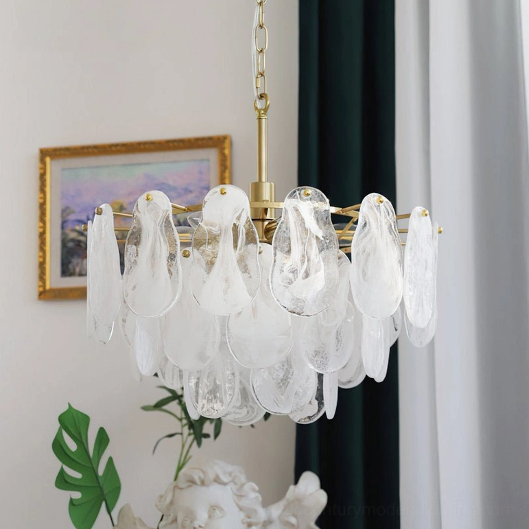 Alessia Glass Chandelier large size unlit in luxury home corner, brass gold frame, matte clear glass