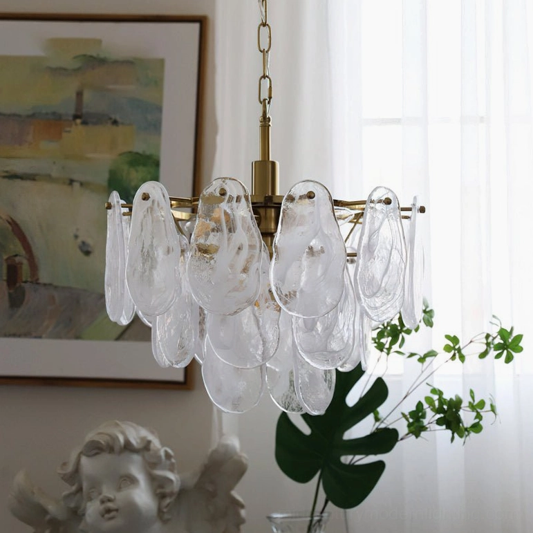 Alessia Glass Chandelier small size unlit window placement, clear textured glass, brass metal frame