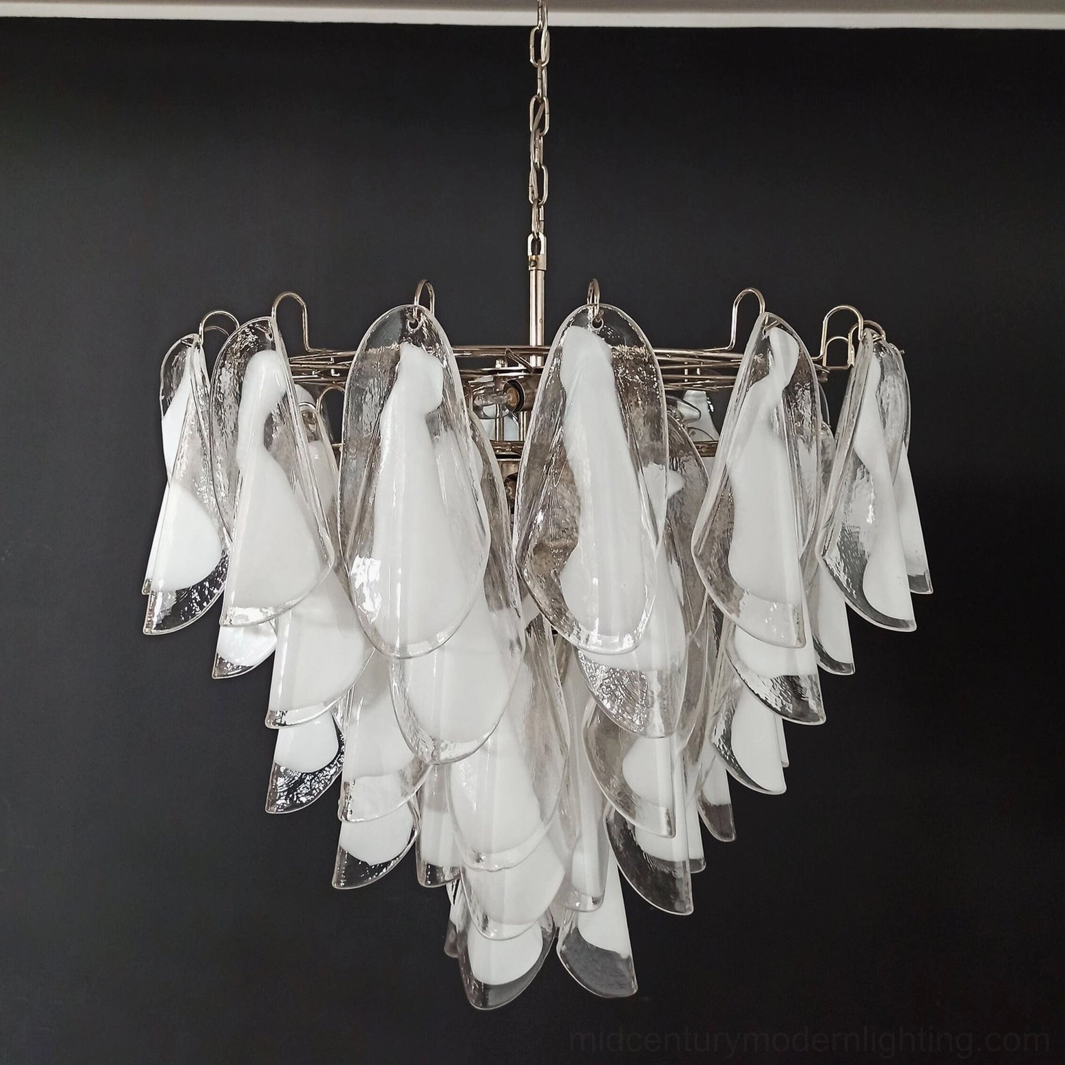 Aletta glass chandelier front close-up layered frosted and clear glass pendants detail