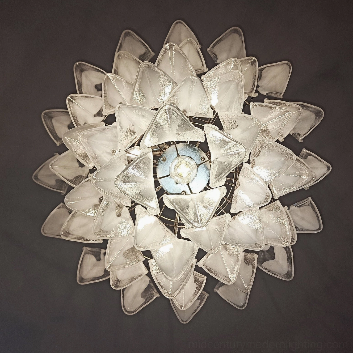 Aletta chandelier top-down view radial petal arrangement black backdrop geometric design