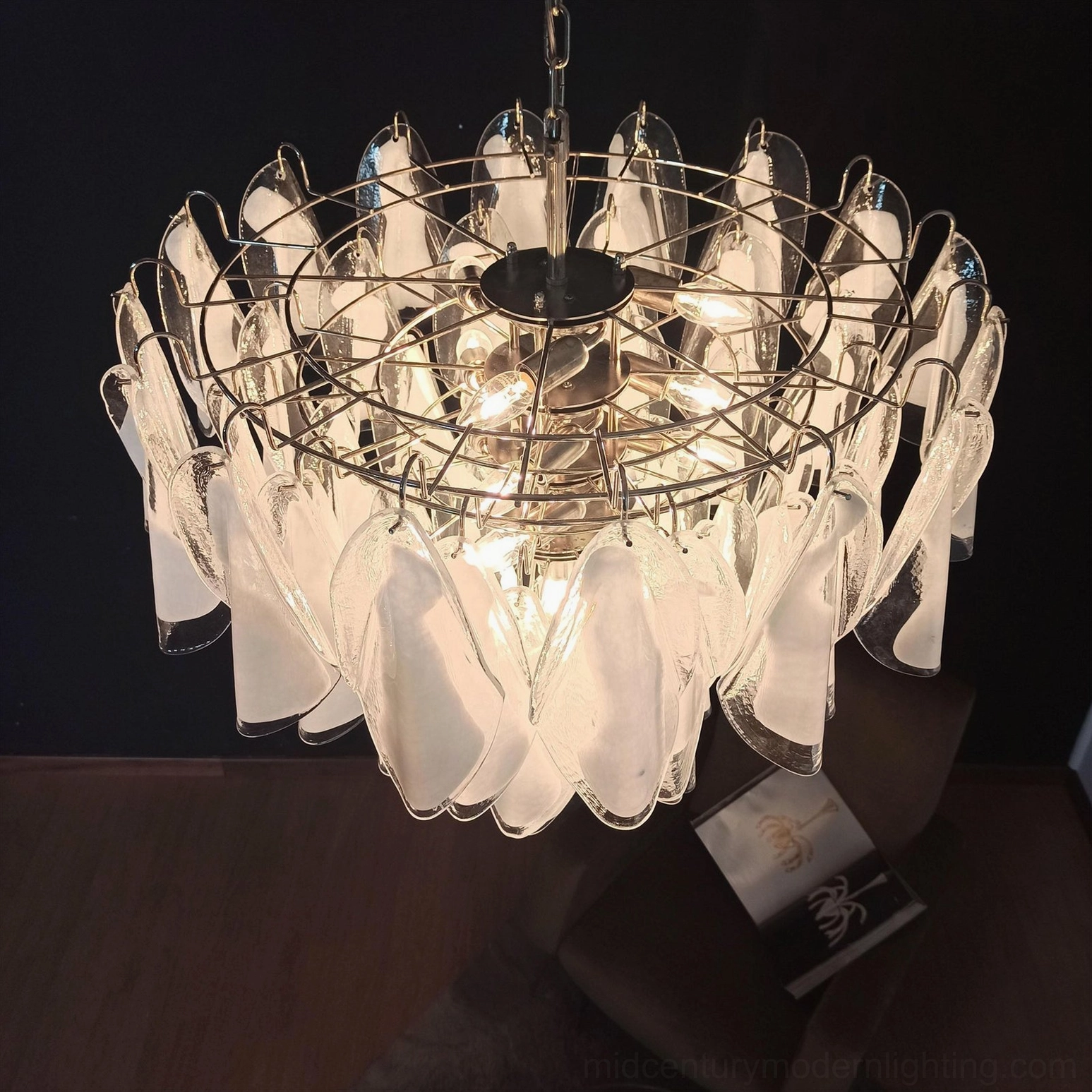 Aletta chandelier underside view bottom socket detail wood flooring installation