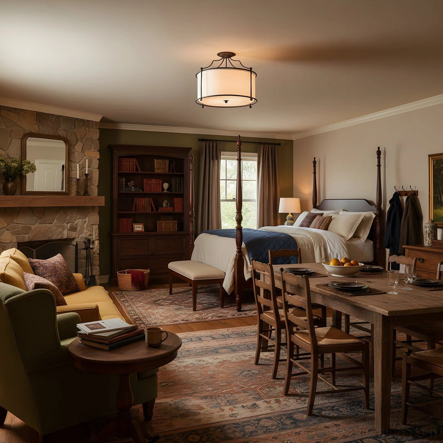 Alexa brass fixture illuminating combined living and dining home space with stone fireplace and classic wooden furniture