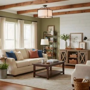 Alexa brass ceiling light installed in rustic farmhouse living room with wood-beamed coffered ceiling and traditional decor