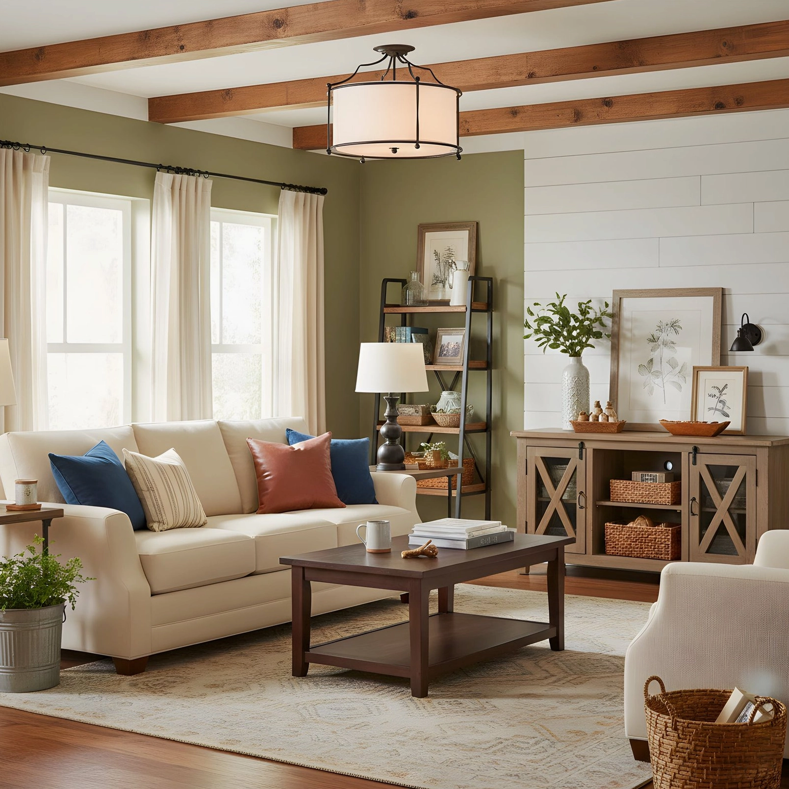 Alexa brass ceiling light installed in rustic farmhouse living room with wood-beamed coffered ceiling and traditional decor