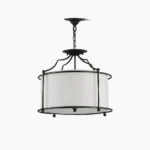 Alexa mid-century modern drum pendant light close-up studio product shot showing brass hardware and fabric shade detail