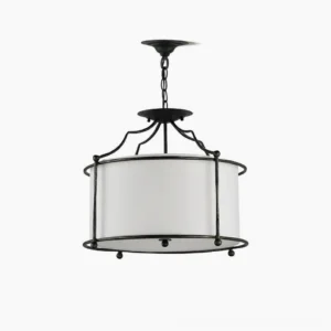 Alexa mid-century modern drum pendant light close-up studio product shot showing brass hardware and fabric shade detail